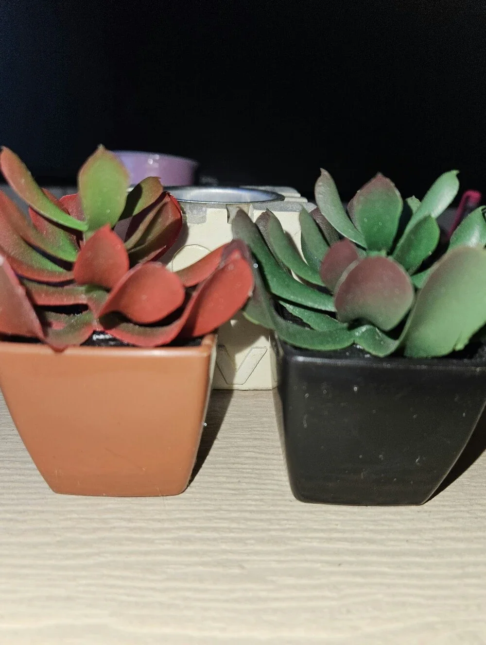 Decor Bundle - 1 Small Red & 1 Small green Artificial Plants & 1 Tealight 